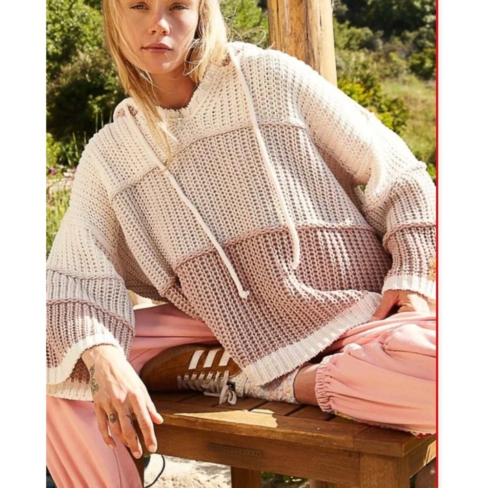 POL Chenille Hoodie Women M Brown Striped Oversized Boho Pullover UST96
